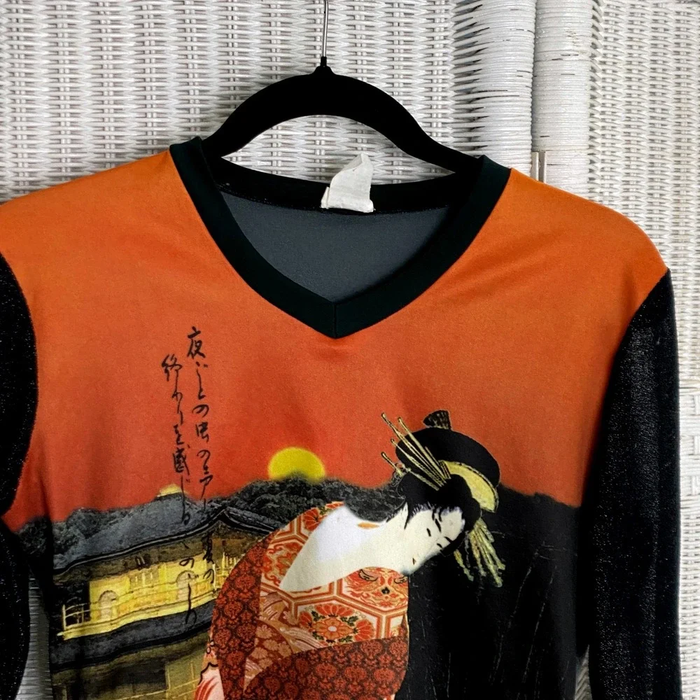 Scoop! Y2K Geisha Print Top Black Sheer Sleeve Orange Graphic Retro Novelty M - Picture 8 of 11
